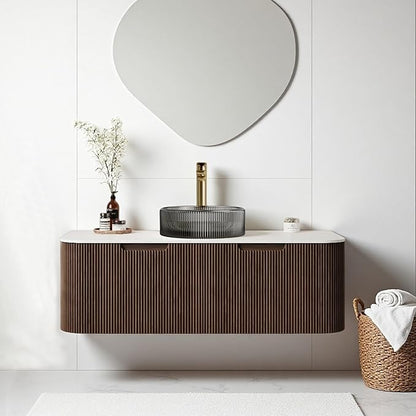48" Floating Bathroom Vanity with Sink, Modern Wall-Mount Bathroom Cabinet with 2 Large Storage Drawers, Round Transparent Black Glass Basin and Marble Top, Soft-Close Design, Dark Walnut