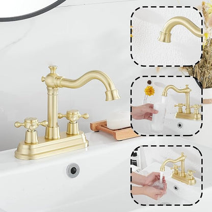 Bathroom Faucet Brushed Gold GGStudy 2 Handles 4 Inches Centerset Bathroom Vanity with Drain Assembly and Supply Hose Lavatory Mixer Double Handle Tap