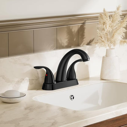 Phiestina 4 Inch 2 or 3 Holes 2 Handles Centerset Matte Black Lead-Free Bathroom Sink Faucet, Bathroom Faucet with Copper Pop Up Drain and Water Supply Lines, BF008-5-MB