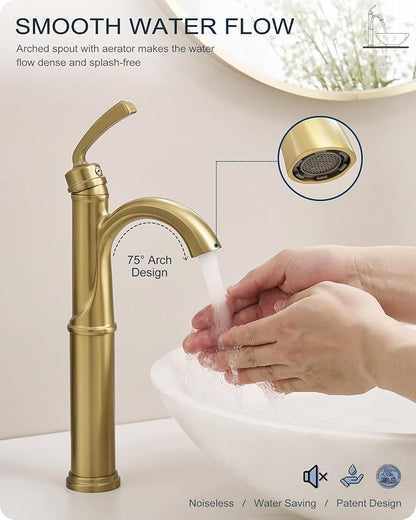 Gold Vessel Sink Faucet, Brass Tall Bathroom Sink Faucet One Hole with 1 Handle, Pop Up Drain, cUPC Supply Hoses & Aerator for Above Counter Basin, Arched Spout Design, 5 Mins Quick Installation
