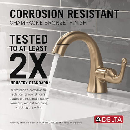 Delta Arvo 1 Hole Brushed Gold Bathroom Faucet with Sprayer, Single Hole Bathroom Sink Faucet with Pull Out Sprayer for Vanity, Push-Pop Drain, Champagne Bronze 15840LF-CZPD