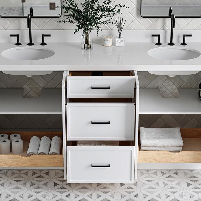 ARIEL Kelly 72-inch Bathroom Vanity with Sink,Solid Wood, 1.5-inch Pure White Quartz Countertop & Backsplash, Double Oval Porcelain Sink, 4 Soft Closing Doors, 5 Dovetail Drawers, White