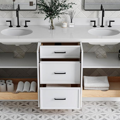 ARIEL Kelly 72-inch Bathroom Vanity with Sink,Solid Wood, 1.5-inch Pure White Quartz Countertop & Backsplash, Double Oval Porcelain Sink, 4 Soft Closing Doors, 5 Dovetail Drawers, White