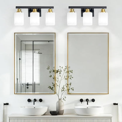Black and Gold Vanity Light,3-Light Bathroom Light Fixtures,17" | Modern Bathroom Light Fixtures with Square Frosted Glass,Wall Sconces Lighting fixtures Over Mirror Restroom, Living Room