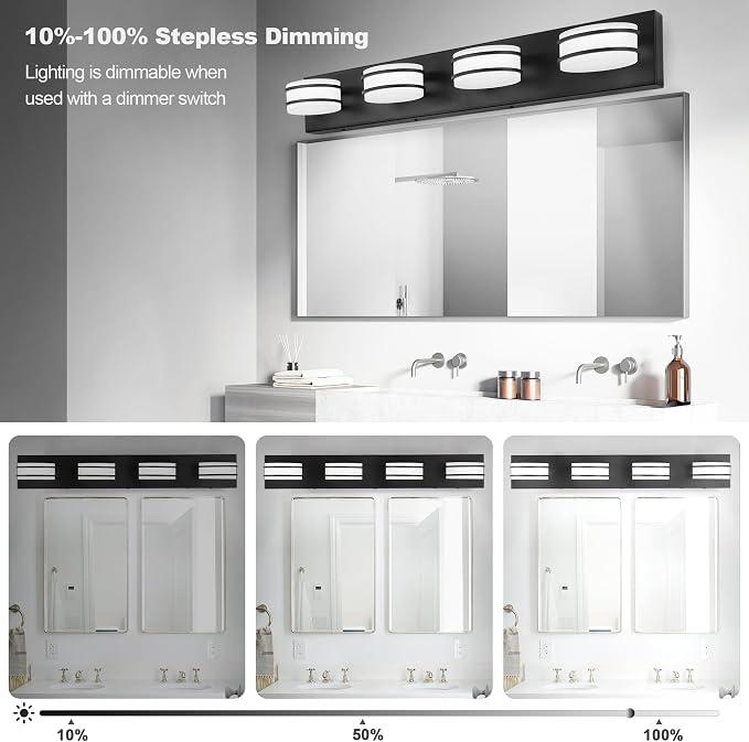 GOODATE 3 Color Temperature Dimmable Bathroom Light Fixtures Over Mirror, LED Black 4 Light Vanity Lighting Fixtures, Acrylic Stainless Steel Oval Shade Vanity Lights for Bathroom, ETL Certificated