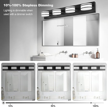 GOODATE 3 Color Temperature Dimmable Bathroom Light Fixtures Over Mirror, LED Black 4 Light Vanity Lighting Fixtures, Acrylic Stainless Steel Oval Shade Vanity Lights for Bathroom, ETL Certificated