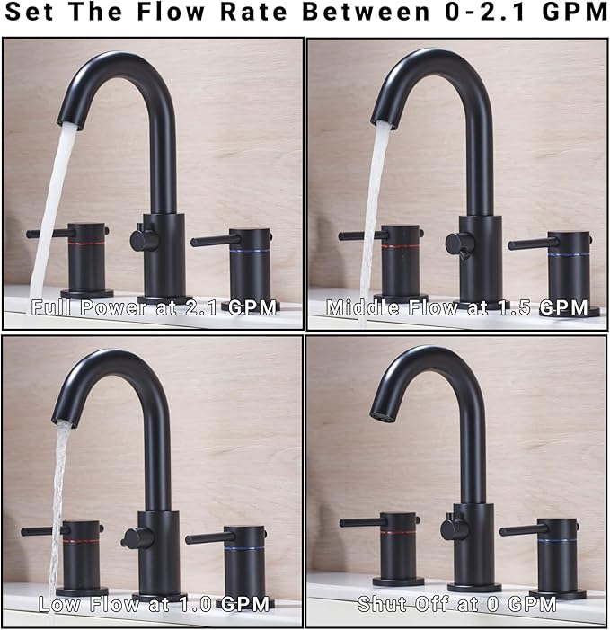 Bathroom Faucet 3 Hole Matte Black - Flow-Setting 8 Inch Widespread Bathroom Sink Faucet with 360° Swivel Spout for Small Vanity, with Overflow Pop Up Drain and cUPC Waterlines