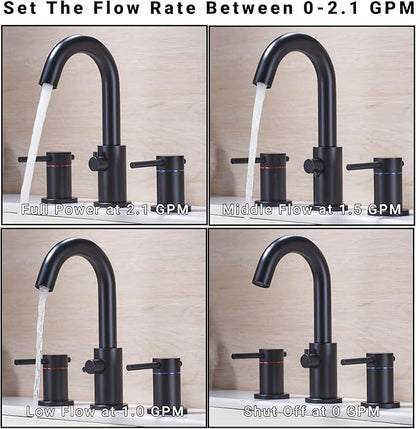 Bathroom Faucet 3 Hole Matte Black - Flow-Setting 8 Inch Widespread Bathroom Sink Faucet with 360° Swivel Spout for Small Vanity, with Overflow Pop Up Drain and cUPC Waterlines