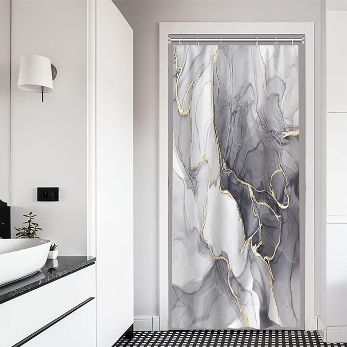Stall Shower Curtain, Grey Marble Small Shower Curtain Modern Waterproof Narrow Shower Curtain Set with Hooks, 36x72 Inch