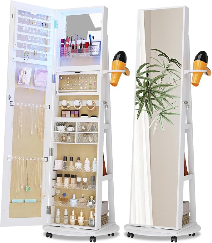 Full Length Mirror with Jewelry Storage, 360° Rotating Jewelry Armoire Organizer with Lights, Lockable Mirror Jewelry Cabinet Standing, Jewelry Mirror Cabinet for Gifts (White)