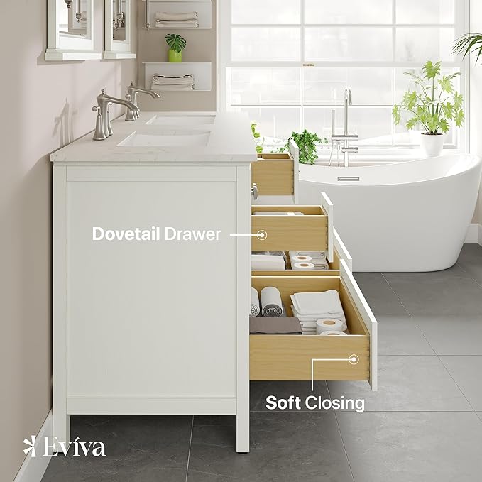 Eviva Britney 60 in. White Double Sink Bath Vanity with Carrara Quartz Top and Undermount Porcelain Sinks