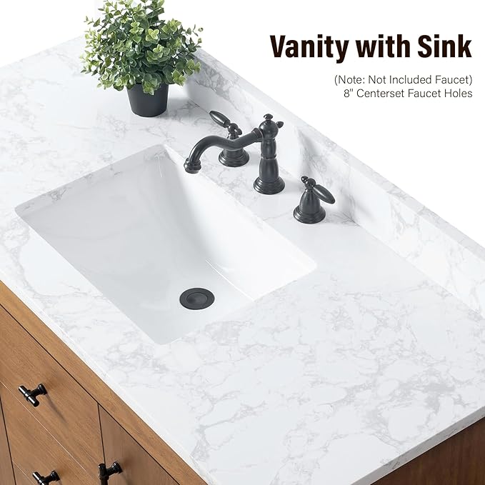 HOMEBEYOND 48" Bathroom Vanity with Single Sink & Ceramic Top, MDF Material Vanity Cabinet with Basin Combo, Soft-Closing Doors, Removable Shelf, Backsplash, Tan