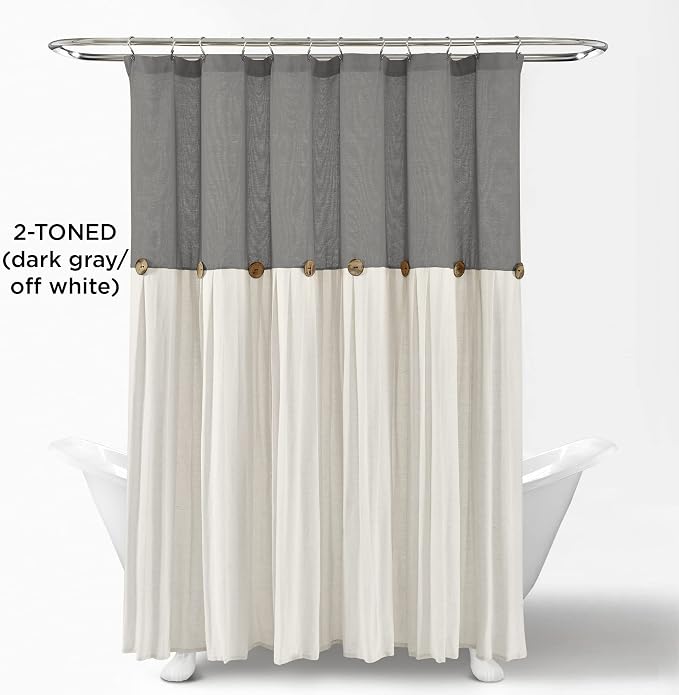 Lush Decor Linen Button Shower Curtain, 72" W x 72" L, Dark Gray & Off White - Gray Shower Curtain Fabric - Bathroom Curtain - Farmhouse Bathroom Decor