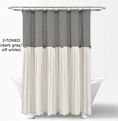 Lush Decor Linen Button Shower Curtain, 72" W x 72" L, Dark Gray & Off White - Gray Shower Curtain Fabric - Bathroom Curtain - Farmhouse Bathroom Decor