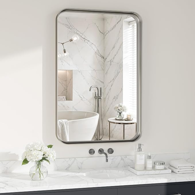 Silver Bathroom Mirrors for Over Sink,24X36 Inch Matte Metal Framed Vanity Rounded Rectangle Vanity Mirror, HD Tempered Glass, Anti-Rust, Horizontally or Vertically Hanging