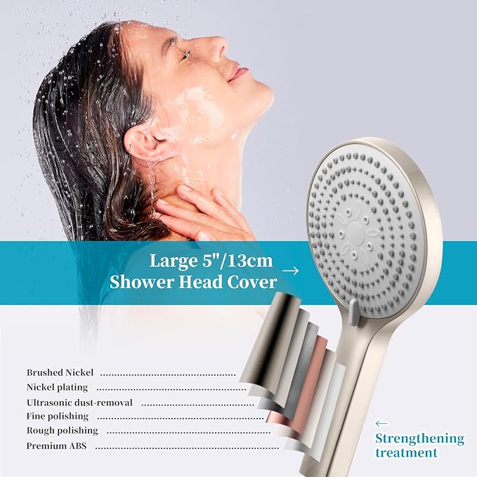 OFFO Handheld Shower Head Set, 6-Mode Brushed Nickel High Pressure Handheld Sprayer with 60" Stainless Steel Shower Hose, High Flow Large Powerful Boosting Handheld Showerhead for Low Water Pressure