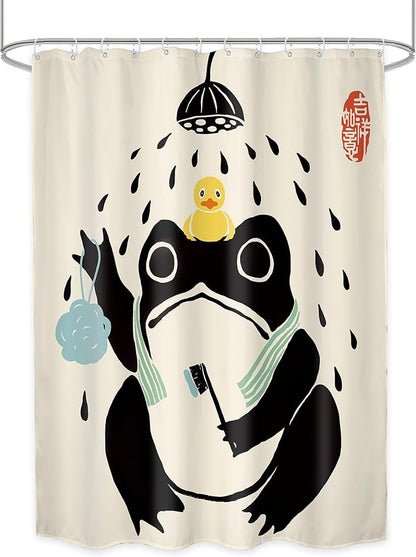 LGhtyro Funny Frog Shower Curtain Bathroom Set 54Wx78H Inches Retro Asian Traditional Cute Animal Japanese Style Black Beige Rubber Duck Bath Accessories Frog Art Home Decor Fabric 12 Pack Hooks