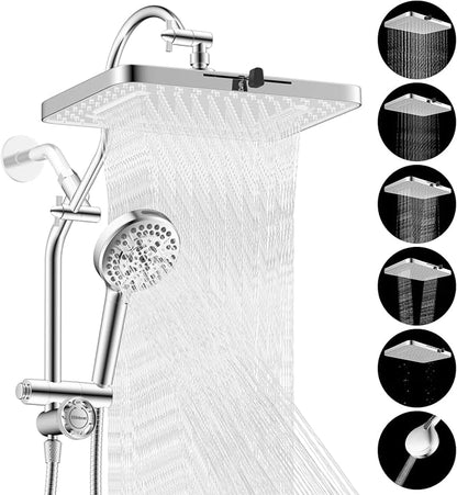 Hibbent 5-spray Dual Filtered White Rain Shower Head, 10 Spray Handheld | Shower Heads with Handheld 10-Spray Combo, All Metal Easy Reach 4-way Diverter Extension Arm, 71'' Hose & Holder, Chrome