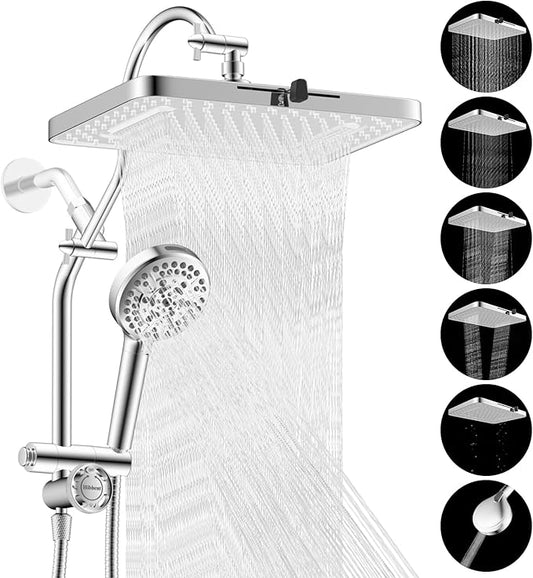 Hibbent 5-spray Dual Filtered White Rain Shower Head, 10 Spray Handheld | Shower Heads with Handheld 10-Spray Combo, All Metal Easy Reach 4-way Diverter Extension Arm, 71'' Hose & Holder, Chrome