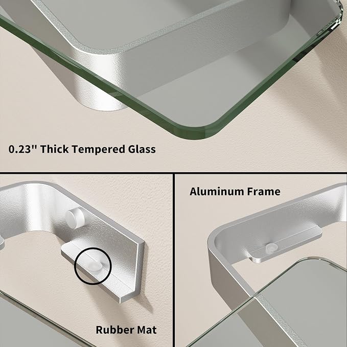 16-Inch Wall Shelf, Clear Tempered Glass with Matte Silver Aluminum Frame – Sleek Floating Bathroom Organizer