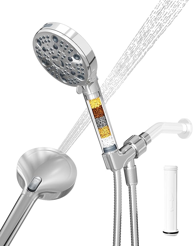 Filtered Handheld Shower Head for Hard Water, High Pressure Showerhead with 7 Spray Modes, Power Jet & Pause, Detachable & Adjustable for Healthier Skin & Hair - Chrome(VMASSTONE HM-003)