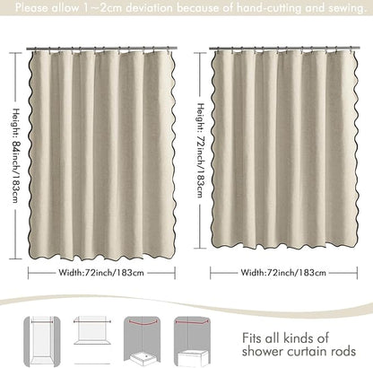 MIULEE 72"x84" Extra Long Scalloped Linen Shower Curtain Natural | Linen Textured, Waterproof, Washable, 12 Metal Hooks, Heavy Duty Cloth, Black Border, Shower Curtain for Bathroom Bathtub