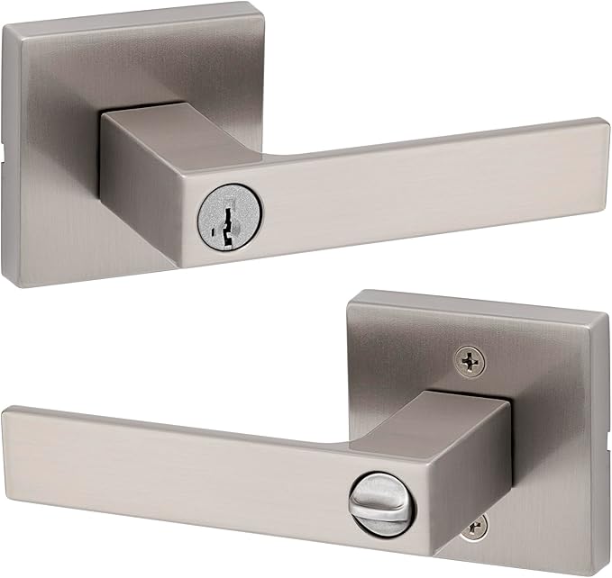 Kwikset Singapore Entry Door Handle with Lock and Key, Secure Keyed Reversible Lever Exterior, For Front Entrance and Bedrooms, Satin Nickel, Pick Resistant Smartkey Rekey Security and Microban