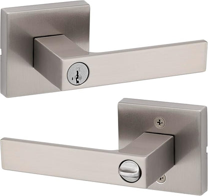 Kwikset Singapore Entry Door Handle with Lock and Key, Secure Keyed Reversible Lever Exterior, For Front Entrance and Bedrooms, Satin Nickel, Pick Resistant Smartkey Rekey Security and Microban