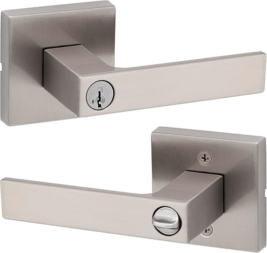 Kwikset Singapore Entry Door Handle with Lock and Key, Secure Keyed Reversible Lever Exterior, For Front Entrance and Bedrooms, Satin Nickel, Pick Resistant Smartkey Rekey Security and Microban
