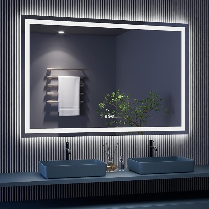 LED Bathroom Mirror, 60"X40" with Front Light and Backlit | Stepless Dimmable, Anti-Fog, Shatter-Proof, HD Reflection, Memory, 3 Colors Lighting, UL Listed (Horizontal/Vertical).