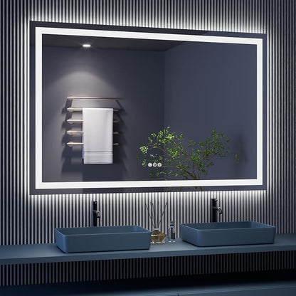 LED Bathroom Mirror, 60"X40" with Front Light and Backlit | Stepless Dimmable, Anti-Fog, Shatter-Proof, HD Reflection, Memory, 3 Colors Lighting, UL Listed (Horizontal/Vertical).