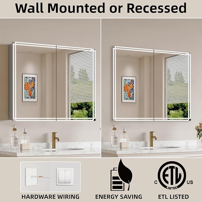 Buruis 36'' x 32'' Medicine Cabinet with Lights and Mirrors, Recessed or Wall Mounted Modern Bathroom Cabinet with 3-Mode Light, Anti-Fog, Dimmable, Memory Function, Outlet, Silver
