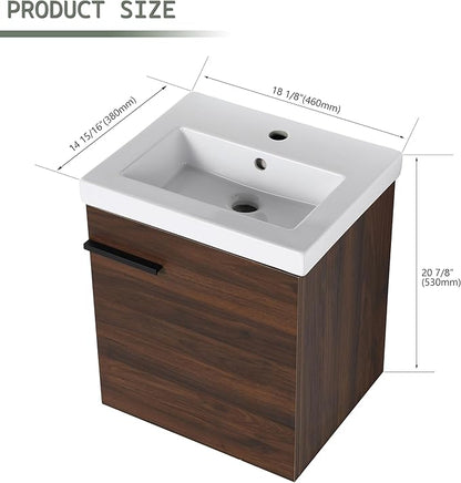 18 Inch Bathroom Vanity with Sink,Wall Mounted Bathroom Vanity Sink Combo with Soft Close Door for Small Space,Modern Floating Bathroom Vanity with Top Basin &Brown Storage Cabinet