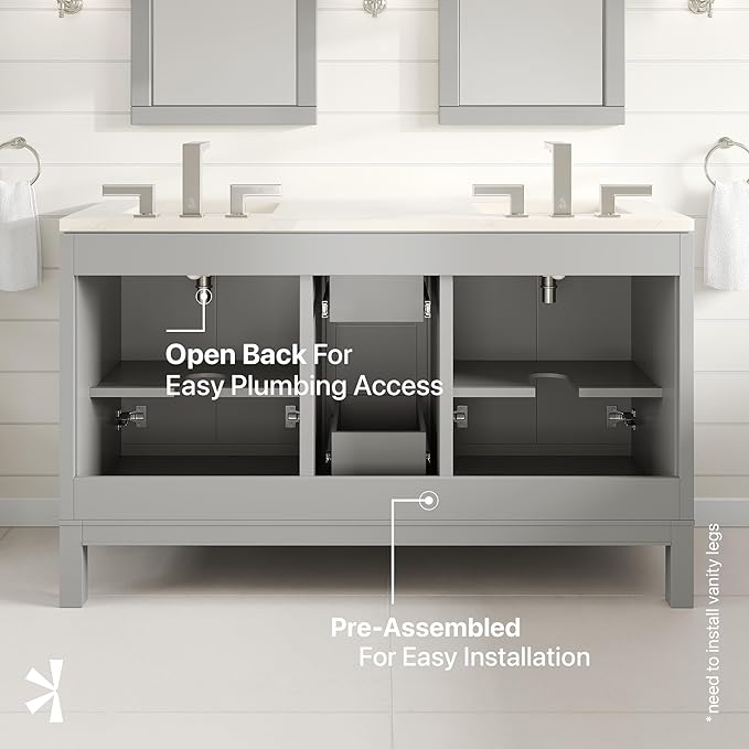 Eviva Cambridge 60 in. Gray Double Sink Bath Vanity with Quartz Top and Undermount Porcelain Sinks