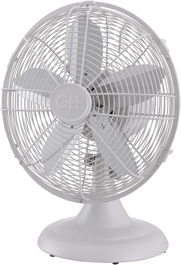 Good Housekeeping 92602 All-Metal 12" Retro Desk Office Table Fan with Wide Oscillation, 3-Speed Settings & Carrying Handle, Matte White