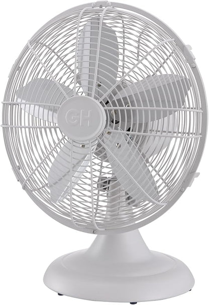Good Housekeeping 92602 All-Metal 12" Retro Desk Office Table Fan with Wide Oscillation, 3-Speed Settings & Carrying Handle, Matte White
