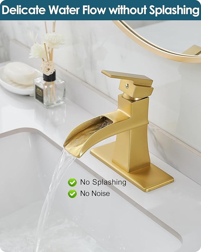 Gold Bathroom Sink Faucet 1 Hole, Brass Waterfall Faucet for Bathroom Sink, 4 Inch 3 Hole with Single Handle, Deck Plate & cUPC Water Hoses for Antique Vanity Lavatory, Not Included Pop-up Drain