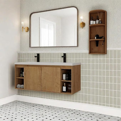 Floating Bathroom Vanity, 48" Bathroom Storage Cabinet with Double Resin Sinks, 2 Soft-Close Doors & 4 Open Storage Shelves, Wall-Mounted Vanity with Extra Three-Layer Spacious Shelves, Oak
