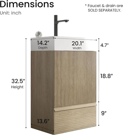 20 inch Bathroom Vanity with White Ceramic Sink, Bath Storage Cabinet with Soft-Closing Door and Drawer, Perfect for Small Space, Powder Room, Hotel, Light Oak