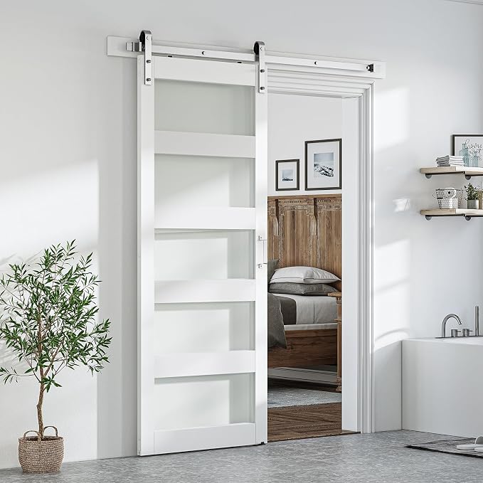 SMARTSTANDARD 34 x 84 in Glass Barn Door with 6FT Silver Sliding Hardware | Brushed Nickel Sliding Hardware Kit & Handle, Pre-Drilled Ready to Assemble, Waterproof PVC Coating, White, 5-Panel Glass