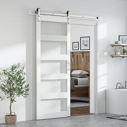 SMARTSTANDARD 38 x 84 in Glass Barn Door with 6.6FT Silver Sliding Hardware | Brushed Nickel Sliding Hardware Kit & Handle, Pre-Drilled Ready to Assemble, Waterproof PVC Coating, White, 5-Panel Glass