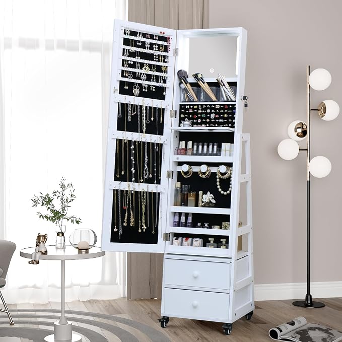 Jewelry Cabinet Standing Mirror with Drawers Jewelry Armoire Organizer | Full Length Mirror Jewelry Storage with Touch Screen Vanity Mirror with Lockable White Christmas Gift for Women
