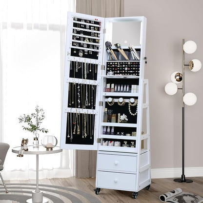 Jewelry Cabinet Standing Mirror with Drawers Jewelry Armoire Organizer | Full Length Mirror Jewelry Storage with Touch Screen Vanity Mirror with Lockable White Christmas Gift for Women