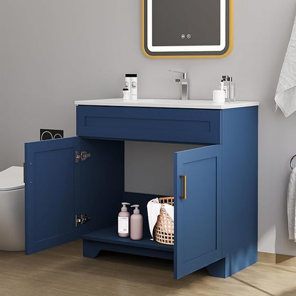 Bathroom 36" Vanity with Ceramic Sink, Wooden Double Door Bathroom Storage Cabinet, Freestanding Cabinet Vanity with Sink (Paint, Blue,36")