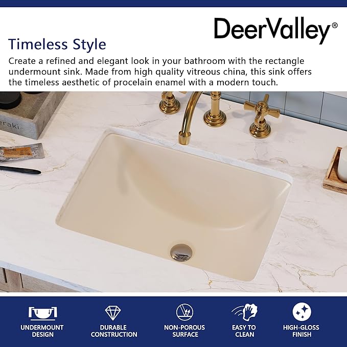 DeerValley DV-1U306BN Undermount Bathroom Sink 18'' x 13'' Rectangular Ceramic Sink Bathroom Wash Basin with Overflow Hole