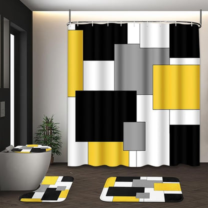 Bathroom Sets with Shower Curtain and Rugs 4 Pcs, Geometric Yellow | Checkered Abstract Modern Art Bathroom Decor Set with Toilet Lid Cover, Non-Slip Bath Mats and Accessories 12 Hooks
