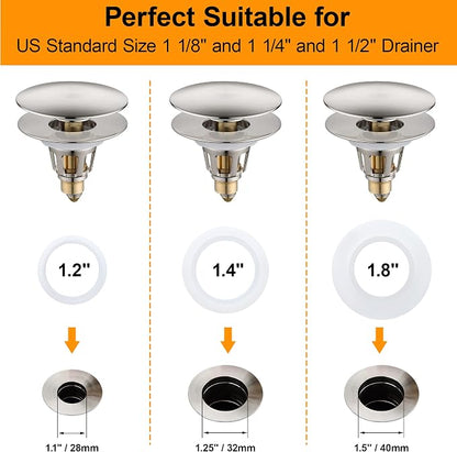 Bathroom Sink Drain Stopper 1.1~1.5 Inch, Universal Pop Up Sink Stopper, Anti-Clogging Sink Drain Strainer with Hair Catcher, Bounce Push Type Sink Drain Filter (Brushed Nickel)