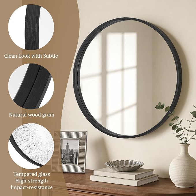 Black Round Mirror Wood Framed 28 inch Circle Wall Mirror for Bathroom Round Wall Mirror for Wall Decor, Vanity, Entryway Living Room