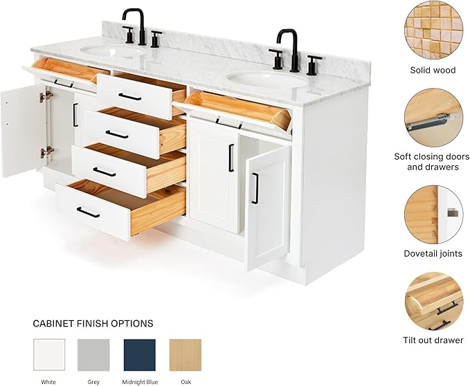 ARIEL Hepburn 72-inch Bathroom Vanity with Sink,Solid Wood, 0.75-inch Italian Carrara Marble Countertop & Backsplash, Double Oval Porcelain Sink, 4 Soft Closing Doors, 6 Dovetail Drawers, White