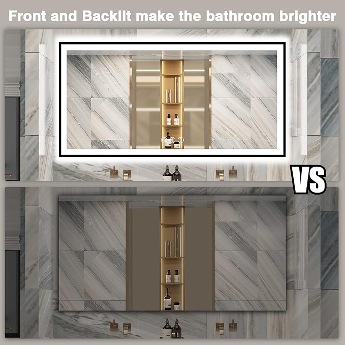 EchosLife 72x36 Bathroom Mirror with Lights - Black Aluminum Framed | Black Frame, Front and Backlit, Anti-Fog, Stepless Dimmable, 3 Colors, Memory, Tempered Glass, UL Listed, Horizontal/Vertical
